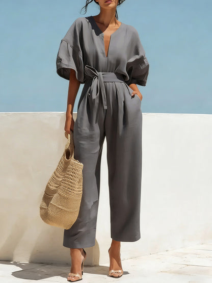 Fashionable V-Neck Cotton-Linen Jumpsuit for Women