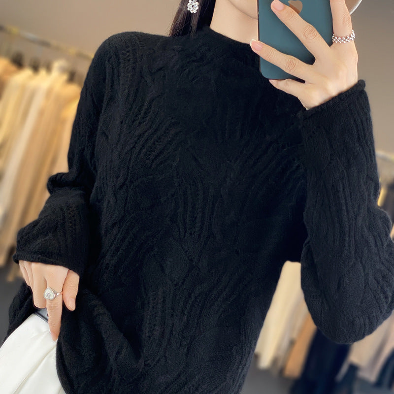 Women’s Half High Collar Wool Pullover Sweater – Autumn &amp; Winter Hollow Knit Design