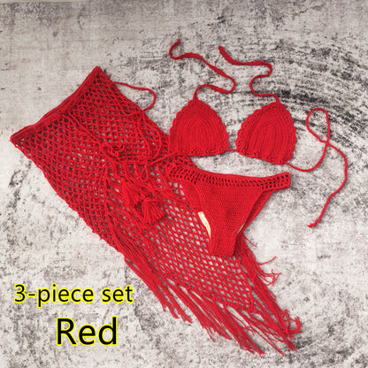 3-piece European And American Handmade Crochet Bikini Beach Skirt Swimsuit Suit