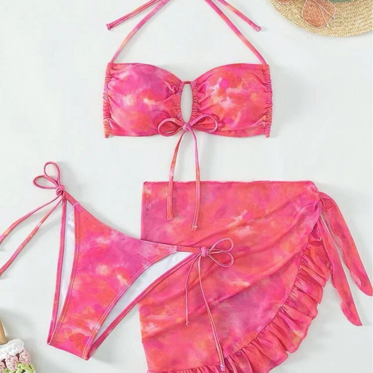 Three-piece Halter Gauze Skirt Swimsuit Bikini