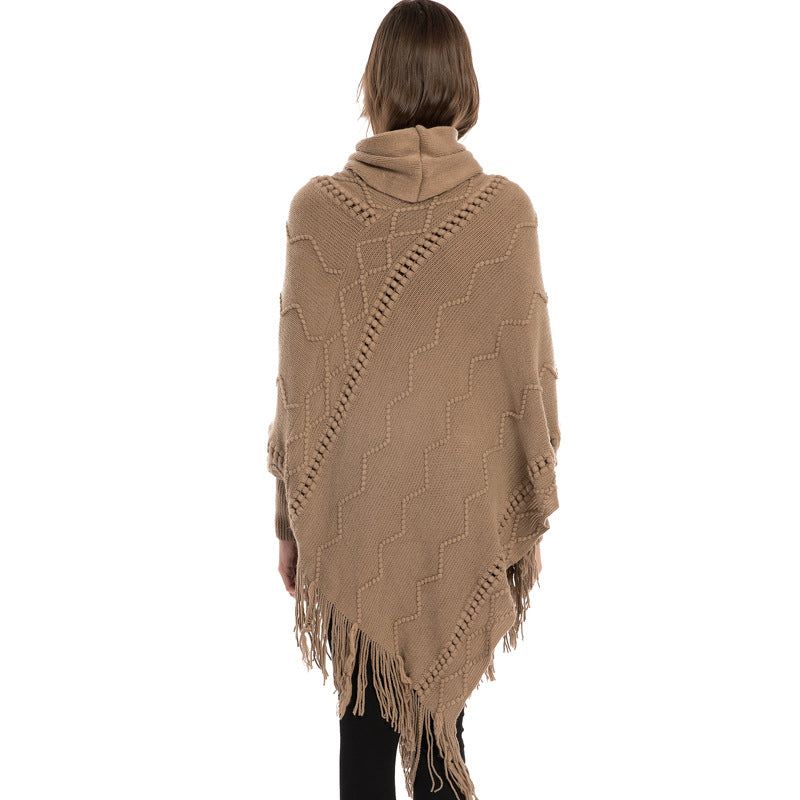 Acrylic Fringed Sweater High Collar Warm Sleeve Pullover Cloak - myETYN