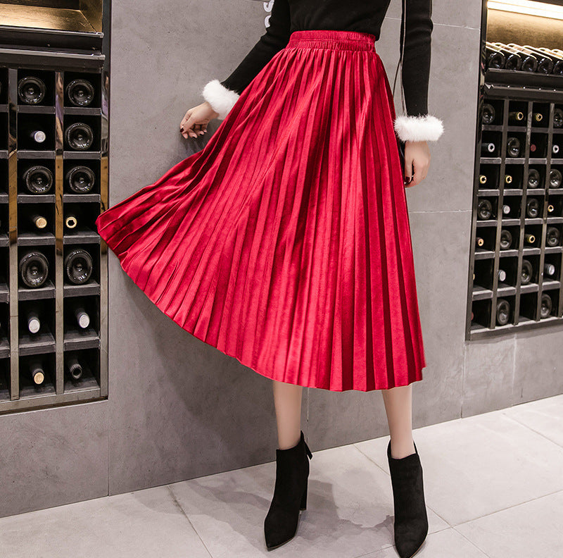 Pleated skirt mid-length a-line skirt