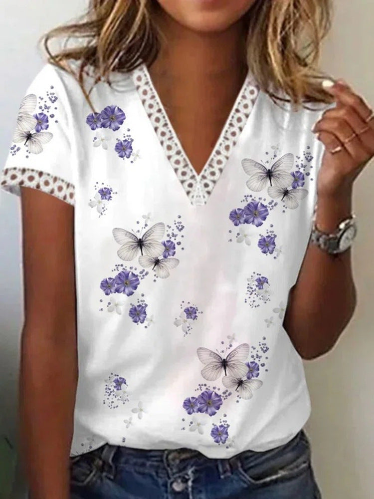 Women's V-neck Lace Casual Top Short Sleeve Printed Stitching T-shirt
