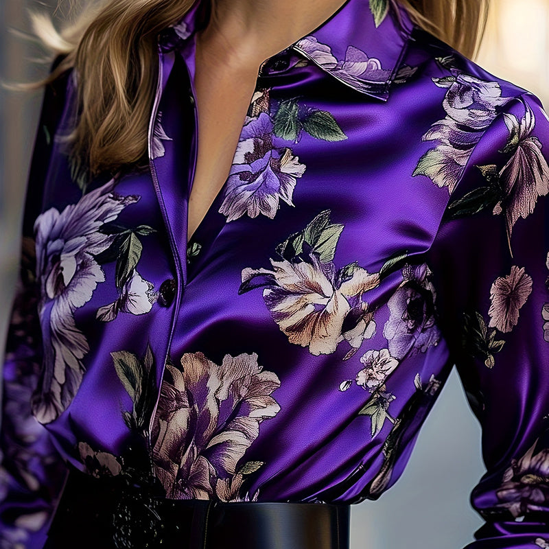 Women’s Elegant Satin Lapel Long Sleeve Shirt – Tapered Waist Design with Luxurious Sheen