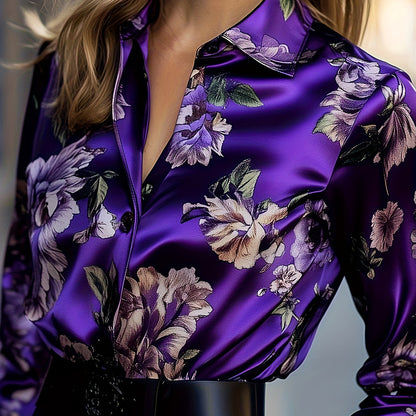 Women’s Elegant Satin Lapel Long Sleeve Shirt – Tapered Waist Design with Luxurious Sheen