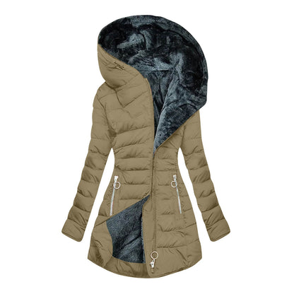 Women's Plush Hooded Mid-length Oblique Zipper Cotton-padded Coat