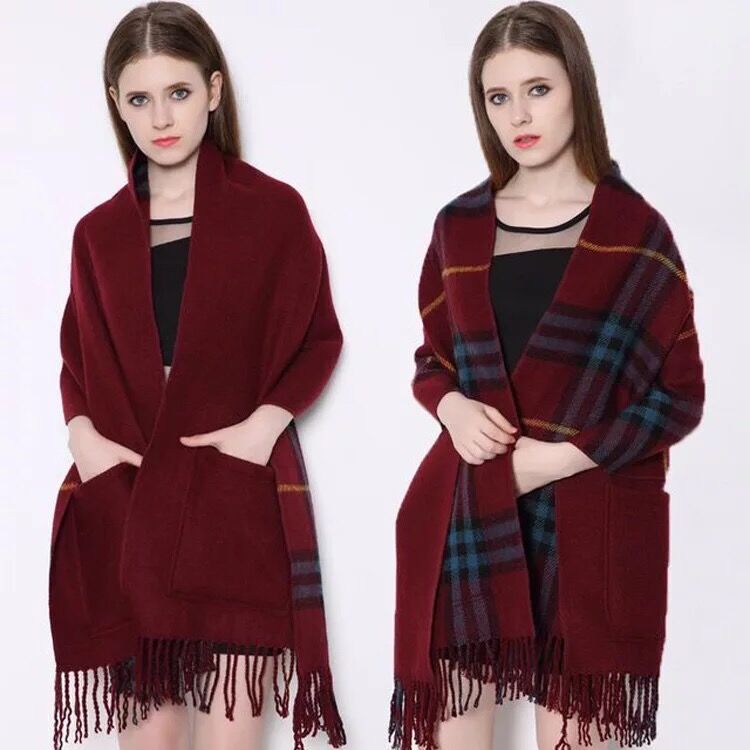 Cashmere Fringe Plaid Shawl with Pocket - myETYN