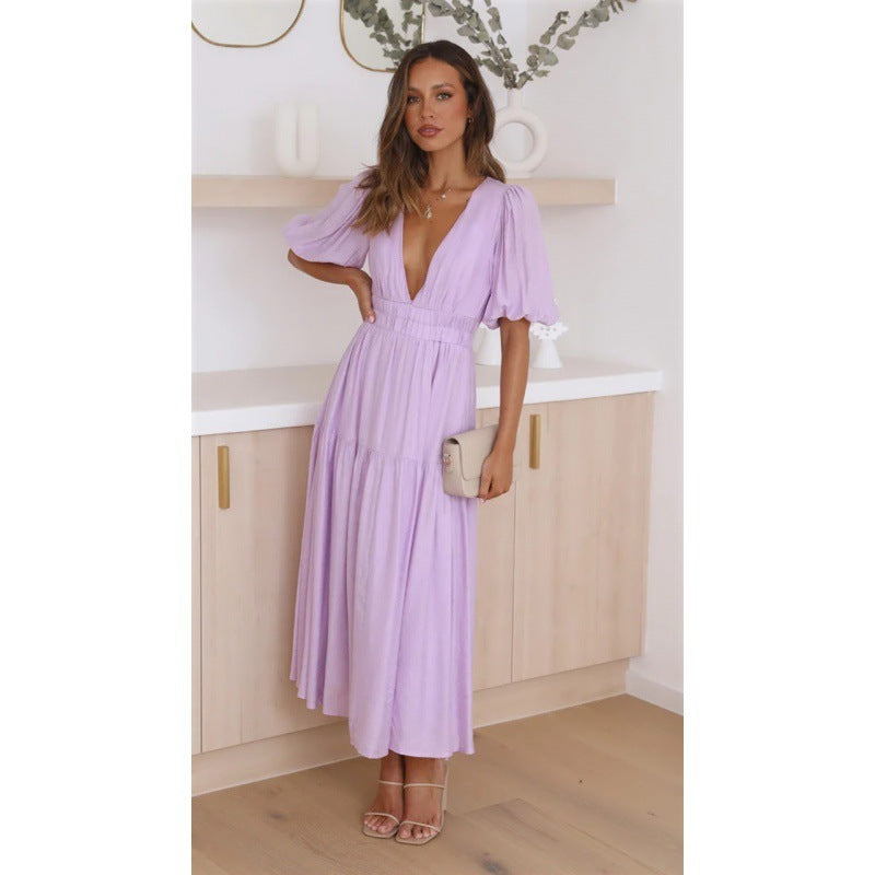 V-neck Waist-tight Mid-length Dress