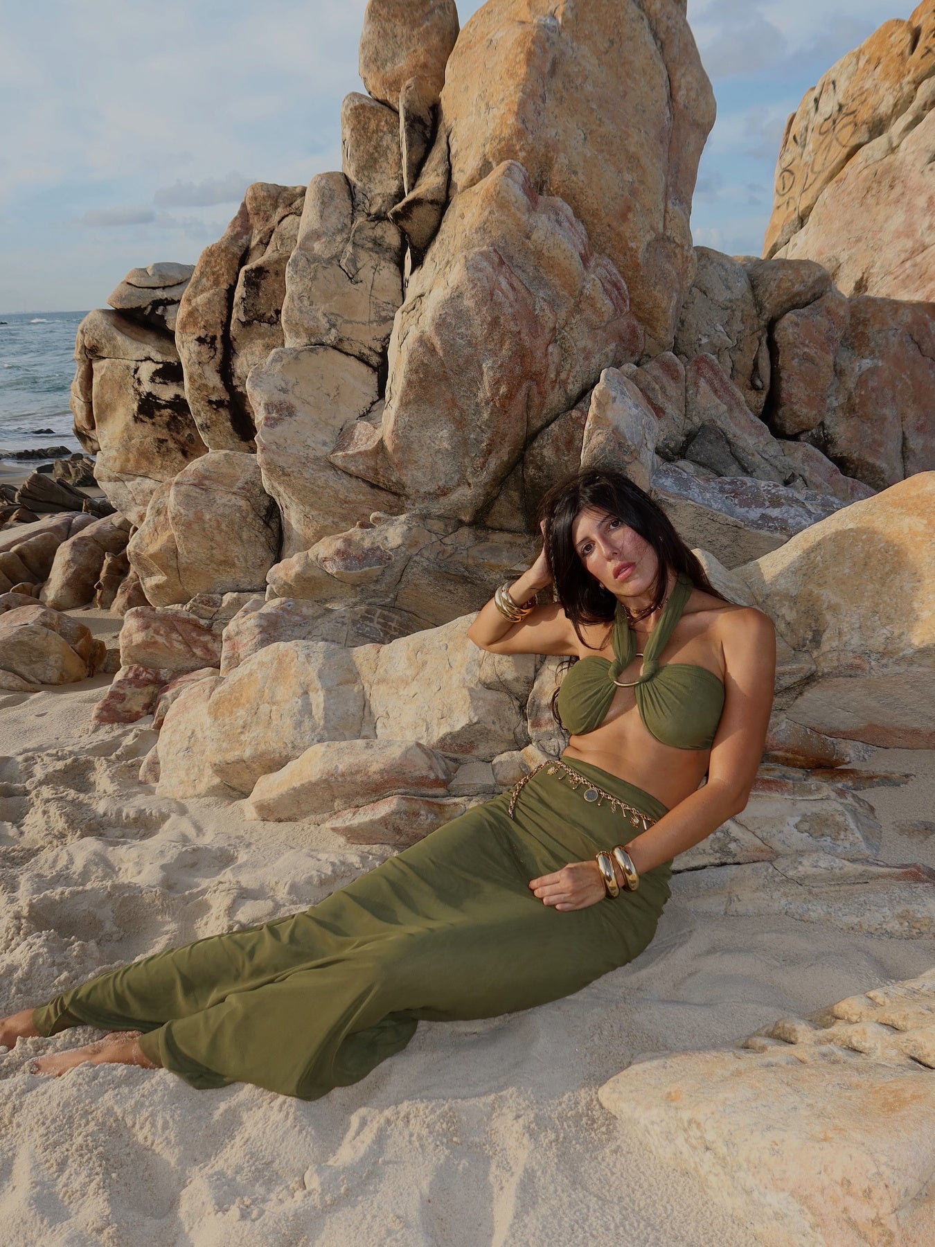 Olive Green Strappy Cropped Top & Hip-hugging Skirt Set