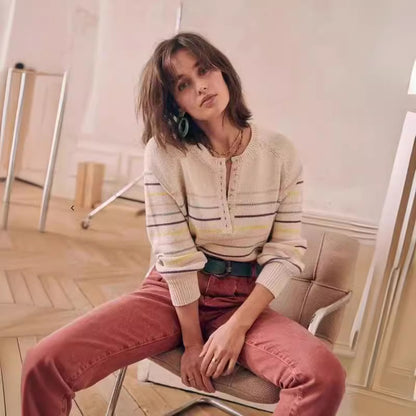 Women’s Vintage Striped Button-Up Sweater – Long Sleeve Round Neck Puff Sleeve