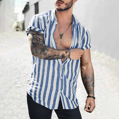 Lapel Striped Cardigan Linen Short Sleeve Shirt For Men