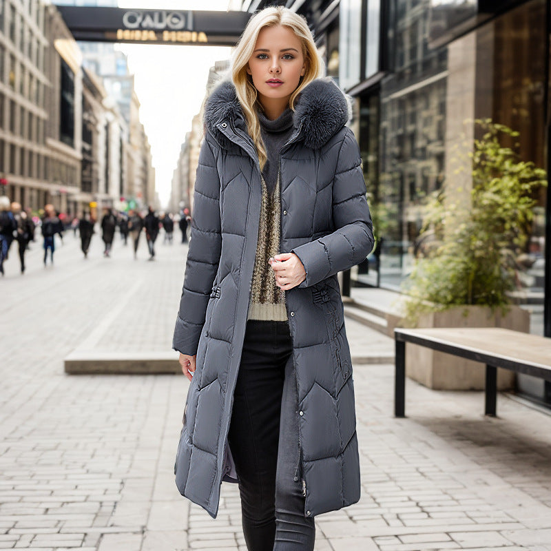 Women’s Winter Long Coat with Thickened Fur Collar – Slim Cotton-Padded Jacket