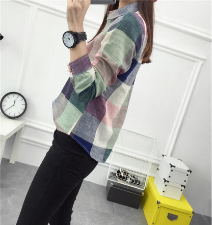 Casual Plaid Women Blouses Kimono Vintage Linen Cotton Long Sleeve Blouse Female Shirts Tops