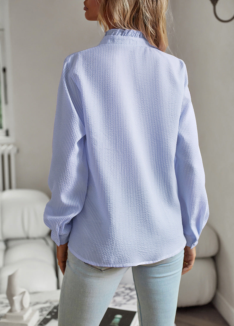 Women’s Striped Ruffle Blouse – Elegant Long Sleeve Button-Up Office Shirt