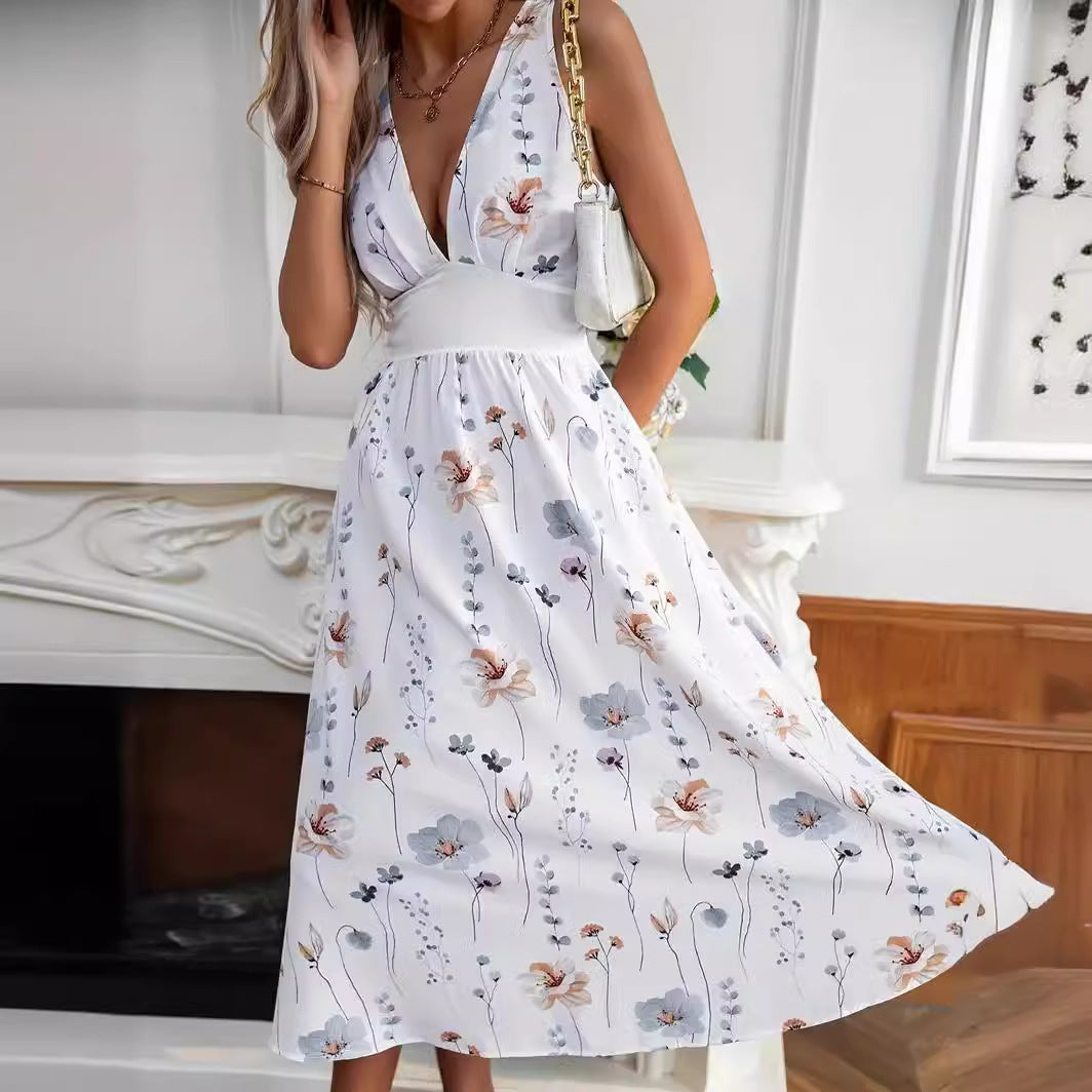 Women's Summer New V-neck High Waist Sleeveless Printed Vest Dress