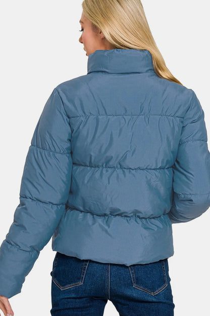 Zenana Zip Up Turtleneck Puffer Jacket With Pockets