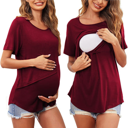 Pregnant Women Solid Color Round Neck Short Sleeves Breastfeeding Postpartum Nursing Top T-shirt - myETYN