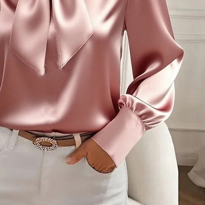 Women’s Elegant Satin Bow Blouse – Long Sleeve Casual Shirt for Spring & Fall
