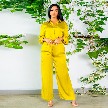 Women’s Elegant Two-Piece Set – Long Sleeve Shirt & Wide-Leg Trousers (Solid Color)