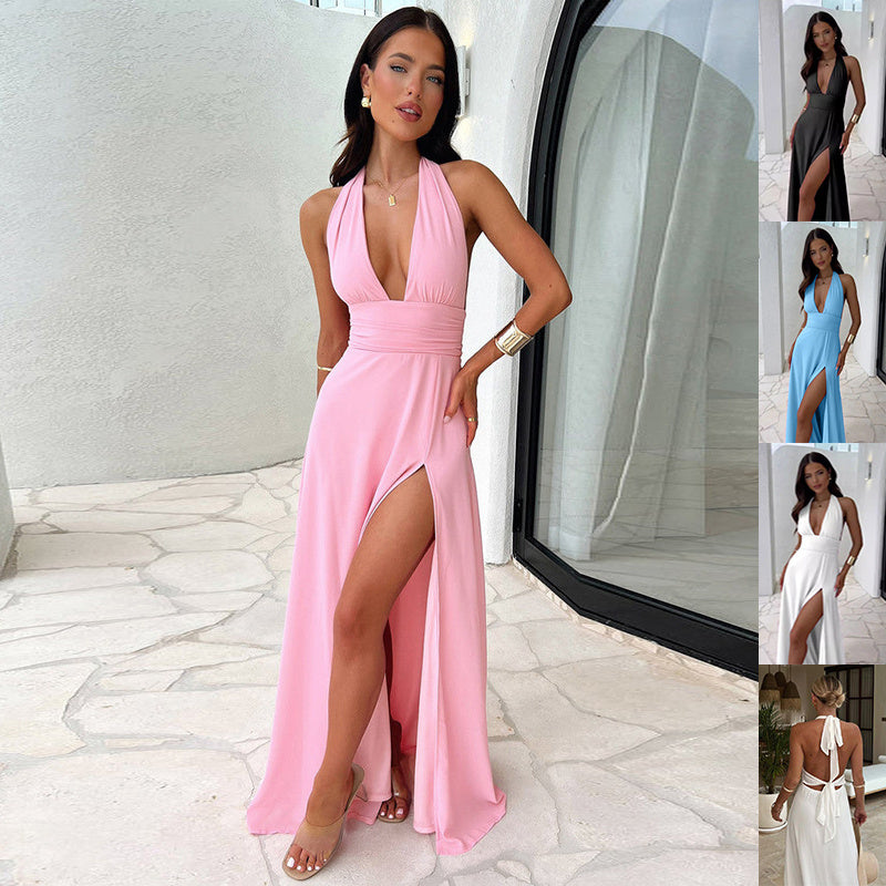 Women's Sexy Halterneck V-Neck Slit Dress - Backless Summer Fashion