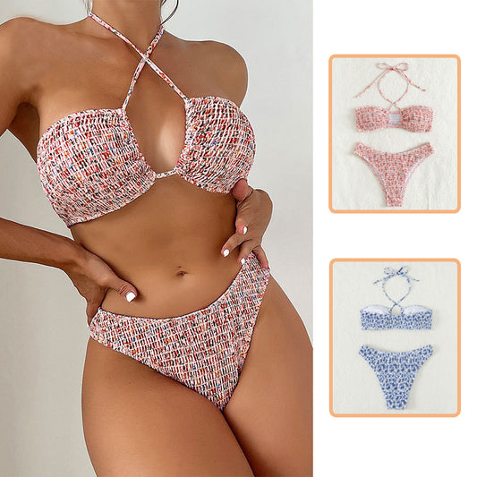 Summer Flowers Print Pleated Design Bikini Set Beach Fashion Halter Neck Swimsuit Womens Clothing