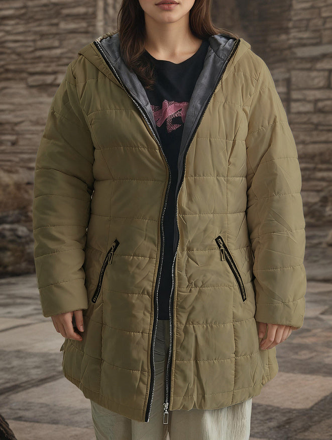 Ladies' Hooded Long-Sleeved Warm Cotton-Padded Jacket with Fleece