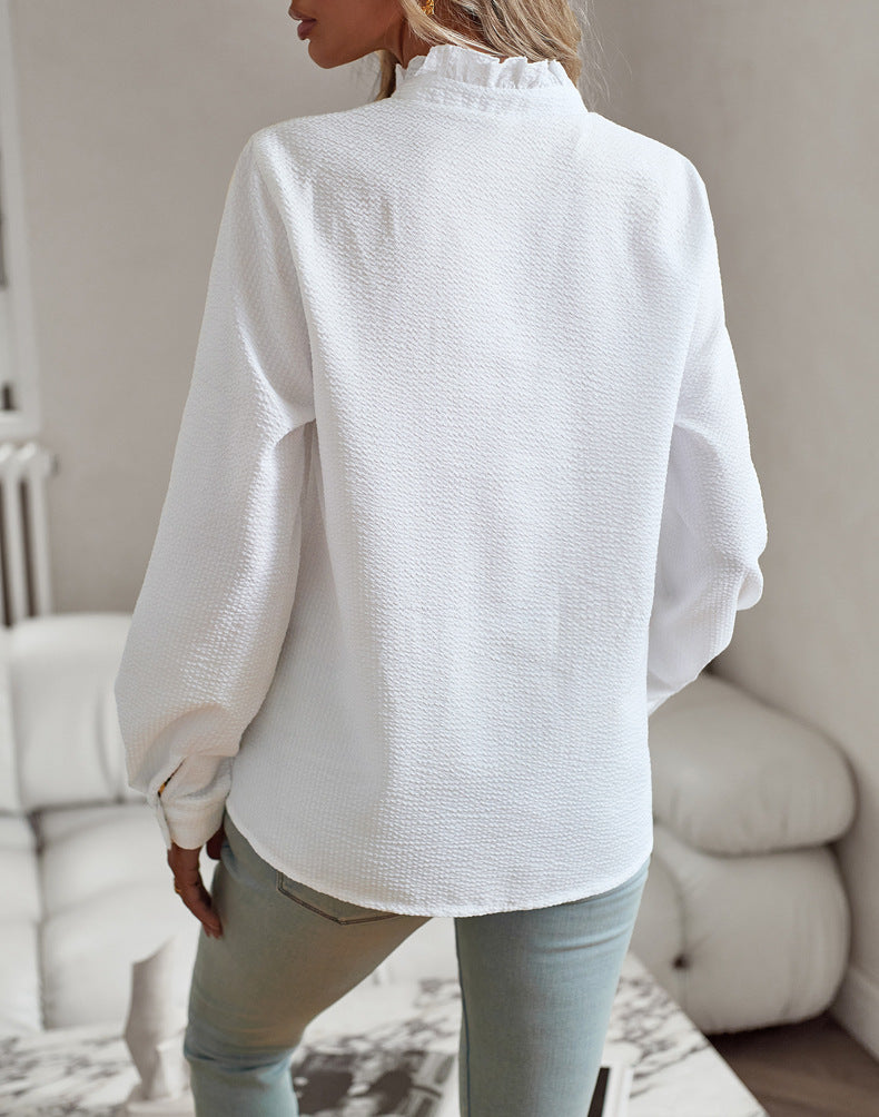 Women’s Striped Ruffle Blouse – Elegant Long Sleeve Button-Up Office Shirt