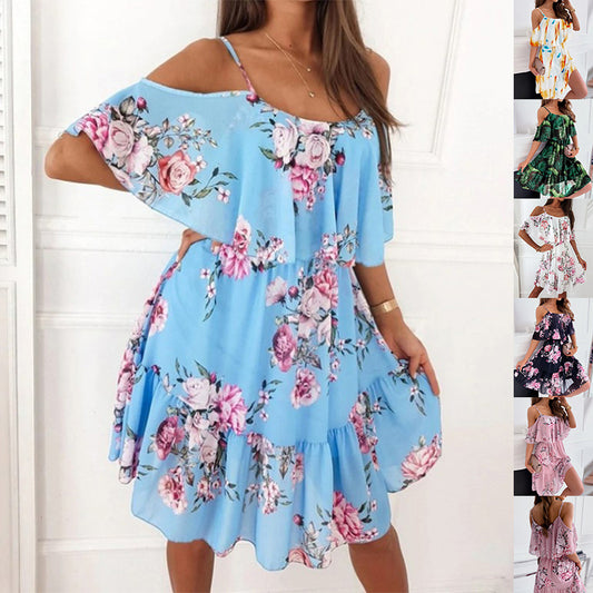 Flower Printed Ruffled Suspender Dress Summer Off-the-shoulder Strap Dresses Women