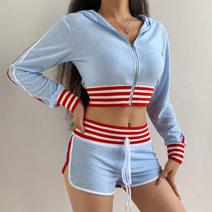 Contrast Sport Zip Cardigan Top Two Piece Sports Style Suit