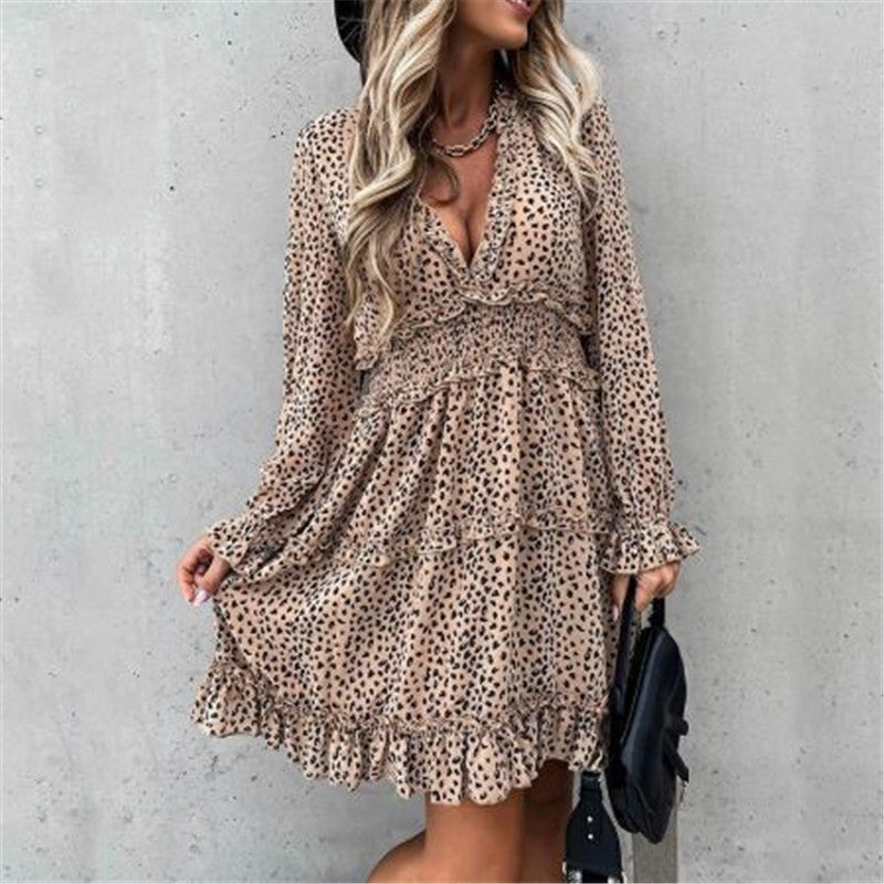 Long Sleeve Elastic Waist Ruffle Print Dress