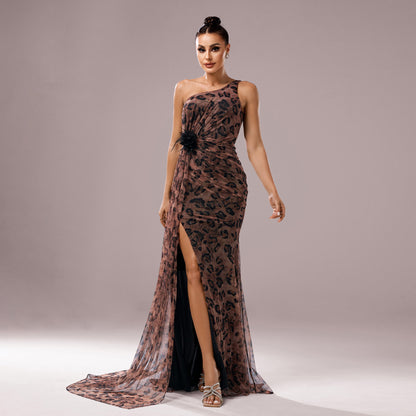 One-Shoulder Leopard Sequin Evening Sheath Dress