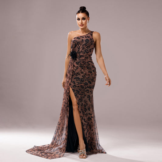 One-Shoulder Leopard Sequin Evening Sheath Dress