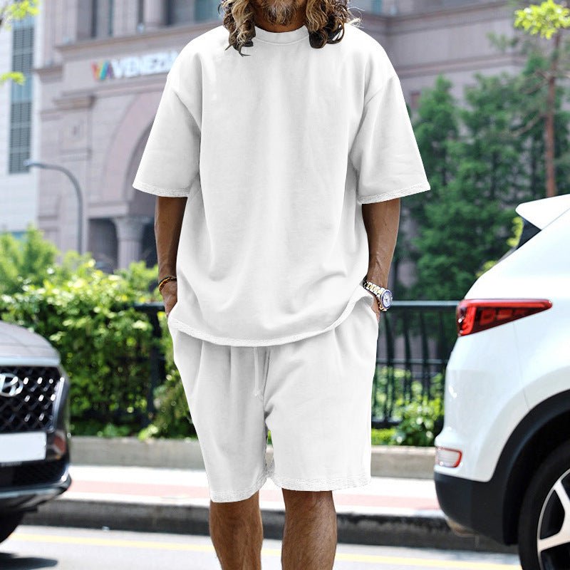 2pcs Loose Sports Suits Summer Round Neck Short - sleeved T-shirt And Drawstring Pockets Shorts Casual Solid Color Set Mens Clothing - myetyn