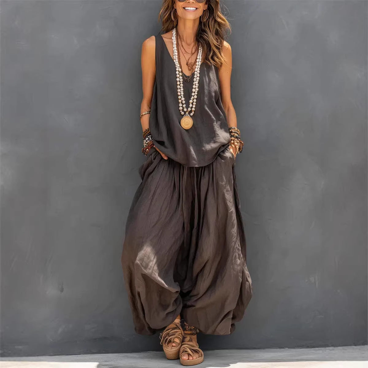 Women’s Cotton Linen Summer Co-Ord Set – Sleeveless Tank & Wide-Leg Pants (Breathable Casual Outfit)