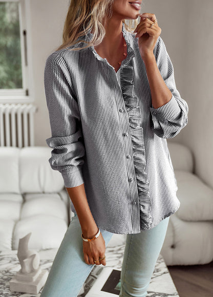 Women’s Striped Ruffle Blouse – Elegant Long Sleeve Button-Up Office Shirt