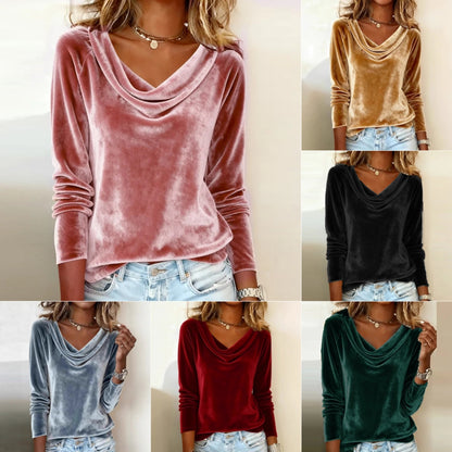 Elegant Velvet Long Sleeve Blouse for Women | Solid Color Loose Fit Pullover Top for Fall & Spring Party Wear
