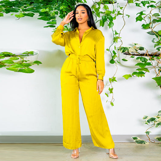 Women’s Elegant Two-Piece Set – Long Sleeve Shirt & Wide-Leg Trousers (Solid Color)