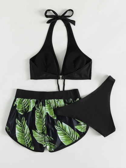 Women's 3-Piece Leaf Print Bikini Set with Shorts - Summer Beachwear
