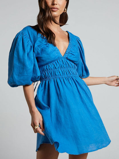 Women's Elegant Slim Cotton Puff Sleeve Dress