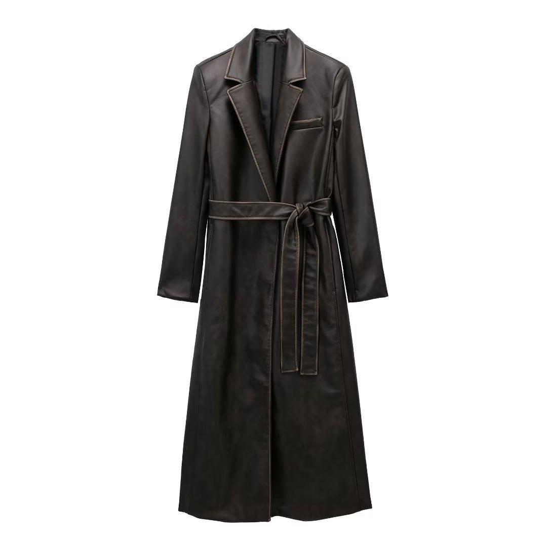 Autumn Leather Effect Belt Coat - myETYN