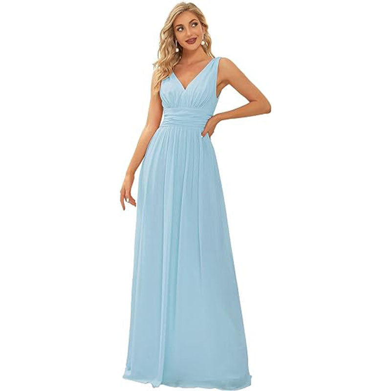 Women’s Deep V-neck Sleeveless Chiffon Maxi Evening Dress – Elegant Formal Long Gown