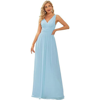 Women’s Deep V-neck Sleeveless Chiffon Maxi Evening Dress – Elegant Formal Long Gown