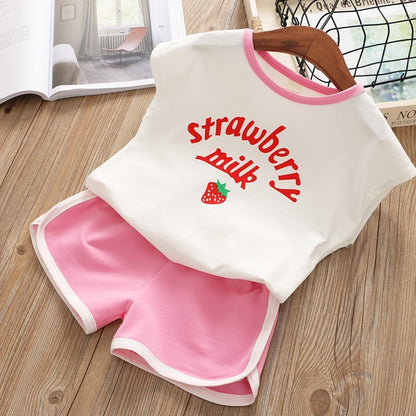 Girls Korean Strawberry Print Tank Top Shorts Two-Piece Set