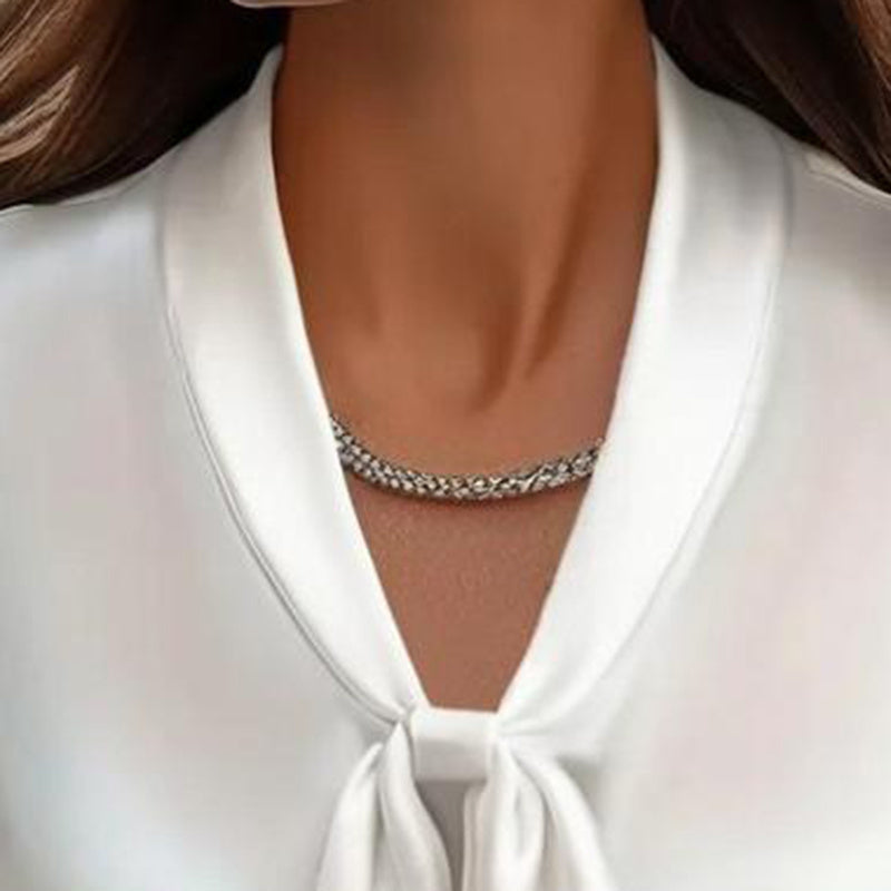 Women’s Elegant Satin Blouse with Ribbon Tie – Long Sleeve Button-Down Office Shirt | Business Casual Silk-Look Top