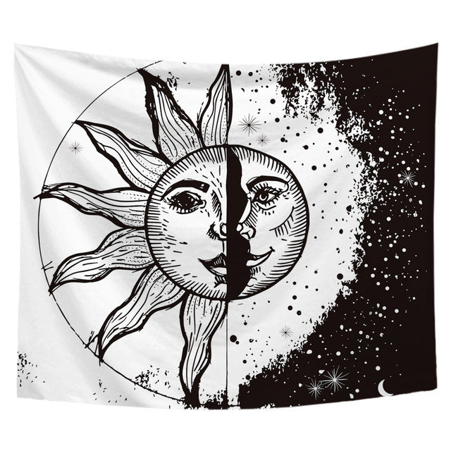 Sun And Moon Tapestry Black And White Burning Sun With Stars Tapestry Psychedelic Wall Tapestry Indian Tapestry For Room decor