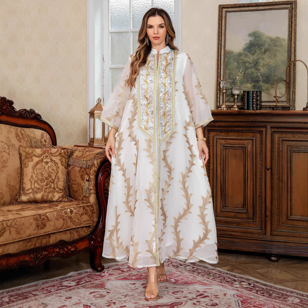 Women’s Heavy-Duty Mesh Embroidered Long Dress – Floor-Length Long Sleeve Elegant Dress