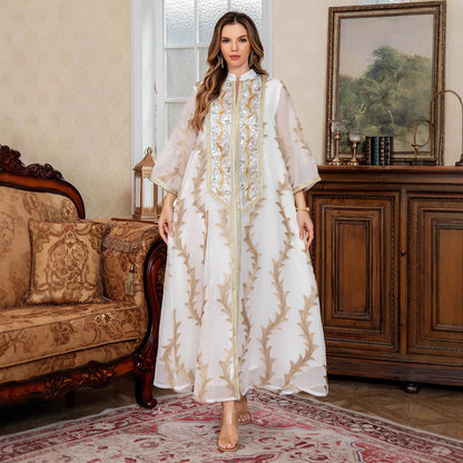 Women’s Heavy-Duty Mesh Embroidered Long Dress – Floor-Length Long Sleeve Elegant Dress