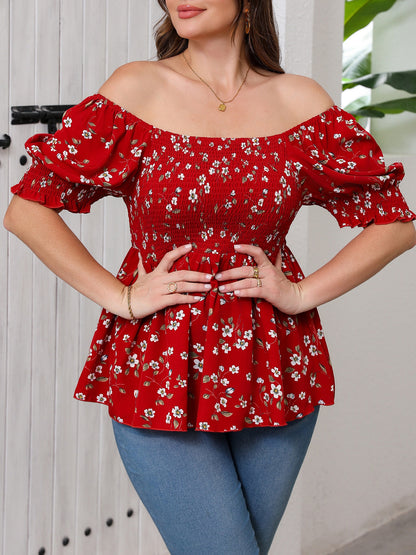 Women's Plus Size Elegant Floral Print Blouse - Summer Square Neck Short Sleeve Waist-Cinched Top For Work & Vacation