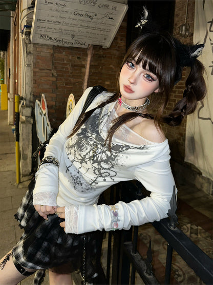 Lace Stitching Women's Long-Sleeved V-Neck Inner Match Top