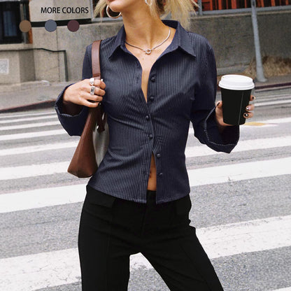 Lapel Breasted Cardigan Long Sleeve Shirt Slim Striped Top